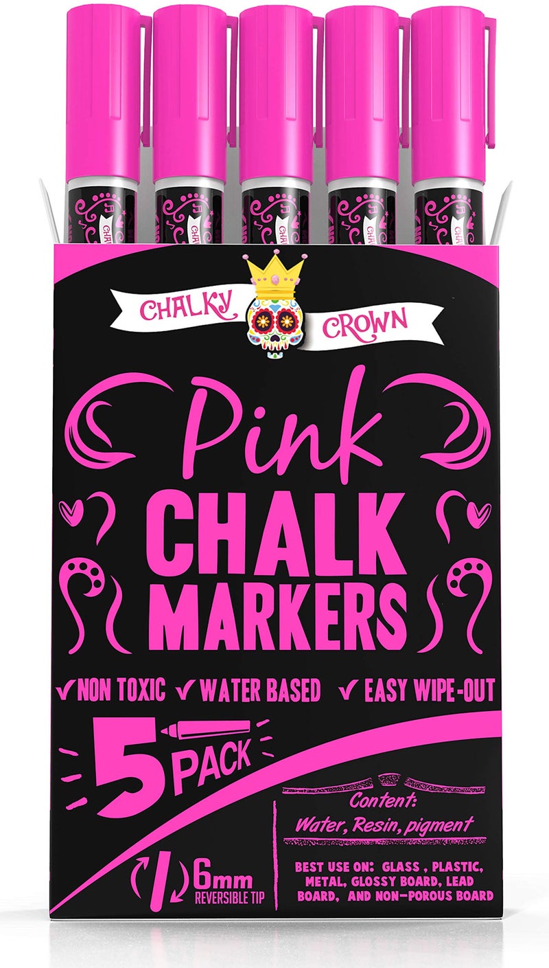 CHALKY CROWN قلم ماركر سائل تشالكي كراون - قلم مسح جاف - أقلام طباشير لعلامات السبورة، النوافذ، السبورة السوداء، الزجاج - طرف قابل للعكس 6 مم (وردي، 5 عبوات) - Image 1